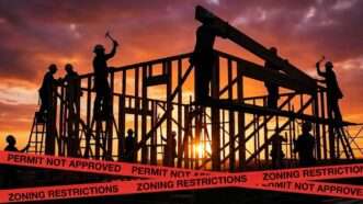 Illustration of new housing construction behind red tape | Illustration: Eddie Marshall | Nano Banana