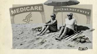 Two Baby Boomers on a beach, with Medicare and Social Security cards behind them | Illustration: Eddie Marshall | Nano Banana