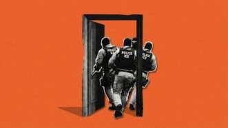 Federal agents storming through a door. | Illustration: Eddie Marshall | Nano Banana