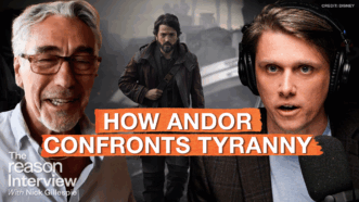 Tony Gilroy is on the left and Eric Boehm is on the right, with the character Cassian Andor standing in the center background against an industrial sci-fi setting. Text across the image reads “HOW ANDOR CONFRONTS TYRANNY.” | Illustration: Eddie Marshall