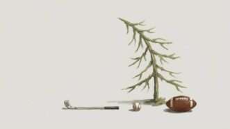 A tall but scrawny Christmas tree bending to the left, with a golf club, baseball, and football laying beneath it. | Illustration: Eddie Marshall | Nano Banana