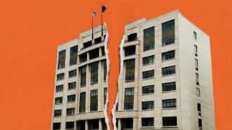 The Heritage Foundation's headquarters in Washington, D.C., splits in half. | Illustration: Eddie Marshall | Ser Amantio di Nicolao | Nano Banana