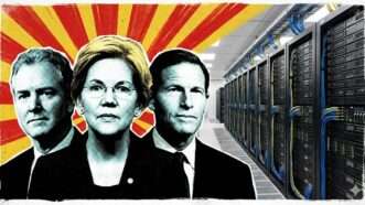 An illustration of politicians and a data center | Illustration: Eddie Marshall | Nano Banana