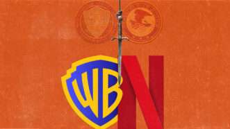 Illustration of the Warner Bros Discovery and Netflix logos with a sword hanging between them and the Justice Department and Federal Trade Commission logos behind | Illustration: Eddie Marshall | Midjourney