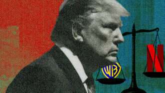 Illustration of President Donald Trump in front of Warner Bros. and Netflix logos | Illustration: Eddie Marshall | Midjourney
