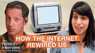 Zach Weissmueller is on the left and Katherine Dee is on the right, with a vintage computer centered between them. Text across the image reads “HOW THE INTERNET REWIRED US.” | Illustration: Eddie Marshall