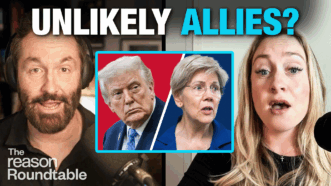 Peter Suderman speaks into a microphone on the left, Liz Wolfe appears on camera on the right, and a centered graphic shows Donald Trump and Elizabeth Warren facing opposite directions. The headline above them reads “Unlikely Allies?” | Illustration: Eddie Marshall