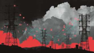 A black and red background with a drawing of power lines. Blue interconnected lines cross in the background | Illustration: Eddie Marshall | Midjourney