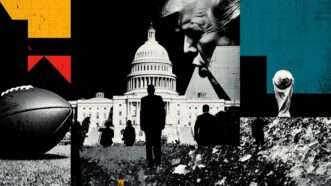 A collage image, mostly in black and white, combining the U.S. Capitol building, a profile image of President Donald Trump, the World Cup trophy, a football, and more. | Illustration: Eddie Marshall | Midjourney