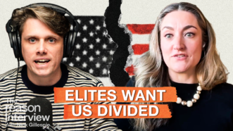 Eric Boehm is on the left and Lauren Hall is on the right, with a torn American flag in the background. Text across the image reads “ELITES WANT US DIVIDED.” | Illustration: Eddie Marshall