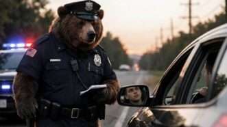 A bear in a police uniform approaches a car on the side of a road. | ChatGPT | Eddie Marshall