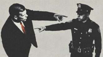 A man in a suit and a police officer point fingers at each other | Eddie Marshall | Midjourney | Nano Banana