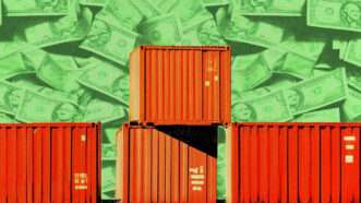 Illustration of dollar bills behind shipping containers | Photo: Midjourney