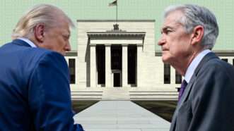 The Federal Reserve seen in the background with Trump on the left and Jerome Powell on the right | Photo: Daniel Torok/Midjourney