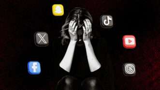 A woman with her head in her hands with social media apps around her head. |  Illustration: Midjourney