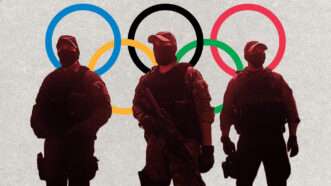 ICE agents in front of the Olympics logo | Illustration: Wikimedia Commons/Midjourney