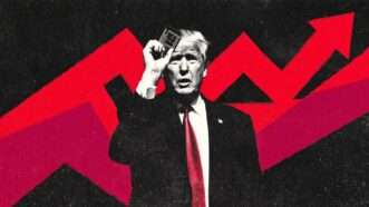 Illustration of President Donald Trump holding a computer chip in his hand with trend lines behind him | Illustration: Eddie Marshall | Midjourney