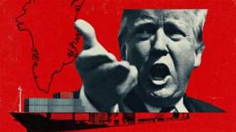 A red and black map of Greenland and a container ship with a black and white image of Trump in the foreground | Illustration: Eddie Marshall | Midjourney