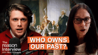 Eric Boehm is on the left and Colleen Shogan is on the right, with a painting of the founding fathers signing the Constitution in the background. Text at the bottom reads “WHO OWNS OUR PAST?” | Illustration: Eddie Marshall