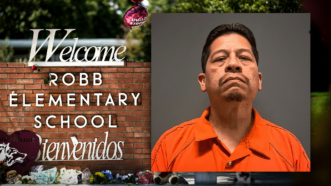 A mug shot of Adrian Gonzales next to a photo of the entrance to Robb Elementary School in Uvalde, Texas | Uvalde County Sheriff's Office via A.P./Chine Nouvelle/Sipa/Newscom