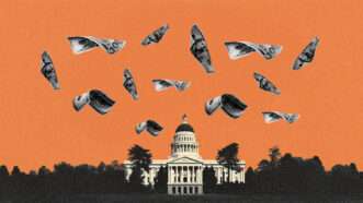 The California State Capitol, with money flying all around it. | Illustration: Feverpitched | Dreamstime | Wikimedia Commons | Midjourney