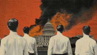 Smoke rises over the U.S. Capitol as several white-collar workers walk away from the viewer. | Illustration: Olivier Le Queinec/Dreamstime/Midjourney
