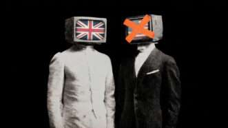 Against a black background, a body of a person wearing all white whose head is replaced by a TV set showing the British flag, next to the body of someone wearing a dark suit whose head is replaced by a TV set showing the American flag with orange tape over it. | Illustration: Midjourney