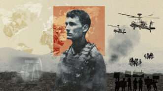 A yellow, gray, and orange tinted image with a world map, depictions of war, and a soldier in the middle | Illustration: Svetlana Dubovetcaia | Dreamstime.com | Pavel Bernshtam | Dreamstime.com | Brian Johnson | Dreamstime.com | Brett Critchley | Dreamstime.com | Jerome Cid | Dreamstime.com | Rawpixelimages | Dreamstime.com | Midjourney