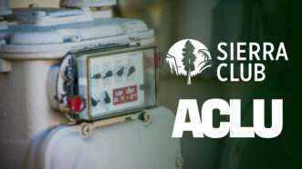 The logos for the Sierra Club and the ACLU, alongside a natural gas canister | Illustration: Ognian Setchanov/Dreamstime/Wikimedia Commons