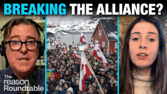 Matt Welch appears on the left speaking into a microphone, Greenland protesters fill the center image holding flags, and Kat Rosenfeld appears on the right wearing headphones. Text at the top reads “BREAKING THE ALLIANCE?” | Illustration: Adani Samat