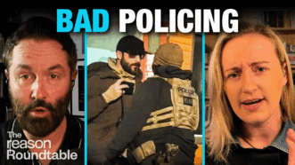Peter Suderman appears on the left speaking into a microphone, a masked federal agent confronts Alex Pretti in the center image, and Emily Jashinsky appears on the right. Text at the top reads “BAD POLICING.” | Illustration: Adani Samat