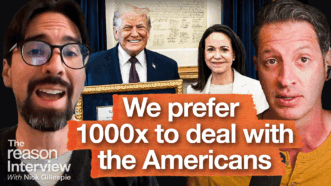 Freddy Guevara is on the left and Zach Weissmueller is on the right, with a photo of Donald Trump standing beside María Corina Machado in the background. The text on the image reads “We prefer 1000x to deal with the Americans.” | Illustration: Adani Samat