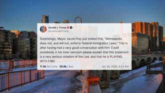 President Donald Trump's post on Truth Social, against the backdrop of Minneapolis. Text of the post: "Surprisingly, Mayor Jacob Frey just stated that, 'Minneapolis does not, and will not, enforce Federal Immigration Laws.' This is after having had a very good conversation with him. Could somebody in his inner sanctum please explain that this statement is a very serious violation of the Law, and that he is PLAYING WITH FIRE!" | Illustration: Marynag/Dreamstime/Truth Social
