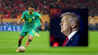 On the left side of the image, on a green soccer field, Senegalese soccer player Iliman Cheikh Baroy Ndiaye in a green Senegal jersey, running and dribbling a soccer ball, while on the right side of the article is a separate image of President Donald Trump facing the left side of the screen. | Illustration: Ulrik Pedersen/Cal Sport Media/Koen van Weel/ANP/Newscom