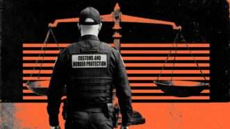 A Customs and Border Protection (CBP) agent and the scales of justice. | Illustration: Eddie Marshall | Midjourney Nano Banana