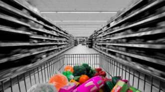 A shopping cart full of food heads down a grocery store aisle. | Illustration: Eddie Marshall | Midjourney