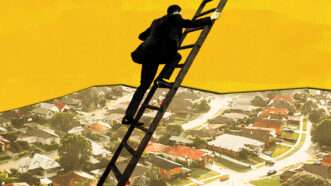 A man climbs a ladder over a suburban, middle-class neighborhood | Illustration: Adani Samat/Midjourney