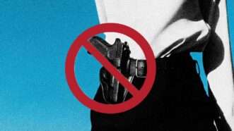 an openly carried handgun surrounded by a red ban circle | Eddie Marshall | Midjourney