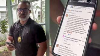Miami beach detective on the left, a phone screen showing comments on the right | Villgecrazylady/X