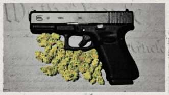 a pistol and marijuana buds against a backdrop of the U.S. Constitution | Eddie Marshall | Midjourney