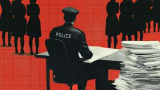 A policeman sits next to a pile of paperwork, as women are lined up to speak with him. | Illustration: Midjourney