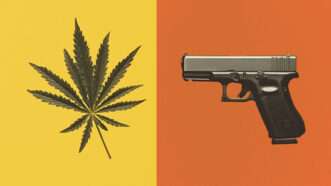 a cannabis leaf next to a handgun | Midjourney
