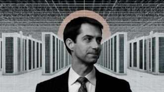 Sen. Tom Cotton (R–Ark.) and a row of data servers. | Illustration: Eddie Marshall | Michael Vadon | Midjourney