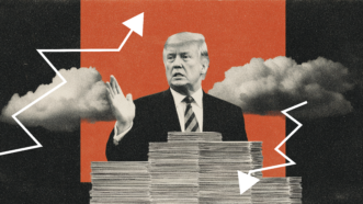 President Donald Trump stands behind several stacks of papers, signifying the Federal Register, with arrows going up and down. | Illustration: Midjourney