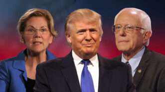 Donald Trump is seen between Elizabeth Warren and Bernie Sanders | Illustration: Rich Koele/Joe Sohm/Dreamstime/Wikimedia Commons