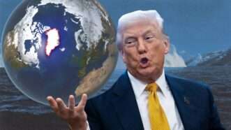 Donald Trump, next to a globe with Greenland highlighted | (Illustration: AdMedia | Newscom | Midjourney)