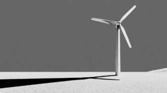 A sole wind turbine casts a shadow. | Illustration: Eddie Marshall | Midjourney