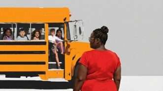 A woman faces a school bus full of children. | Illustration: Eddie Marshall | Midjourney | Nano Banana