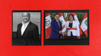 Illustration featuring a photo of Peruvian President José María Balcázar swearing in Denisse Miralles as prime minister next to a black-and-white photo of Hernando de Soto | Illustration: Hugo Perez/El Comercio de PERU/Newscom/ANDINA/Prensa Presidencia