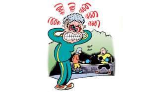 A cartoon drawing showing an old person being mad at a game of pickle ball in the background | Illustration: Peter Bagge